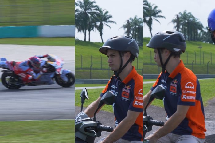 Mulut Dani Pedrosa manyun saat Marc Marquez lewat di depannya pada tes MotoGP Sepang