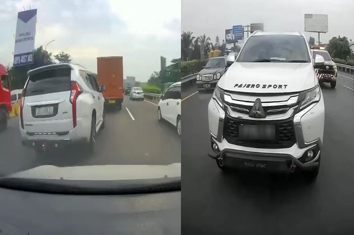 tangkap layar aksi saling pepet antara dashcamer vs Mitsubishi Pajero Sport di Tol Jakarta-Tangerang