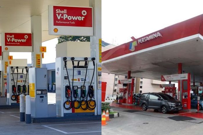Foto ilustrasi SPBU Shell (kiri) dan Pertamina (kanan), cek harga bensin terbaru keduanya.
