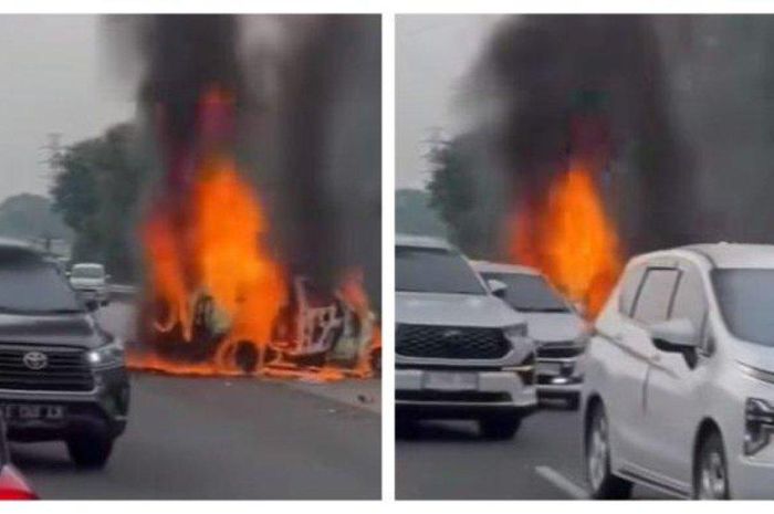 Kecelakaan Tol Japek KM 58, Daihatsu Gran Max hangus terbakar usai hantam bus PO Primajasa.