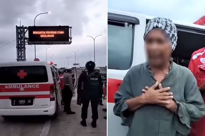 tangkap layar polisi memberhentikan ambulans di traffic light exit Tol Parungkuda, Kabupaten Sukabumi saat arus mudik, ternyata diisi ART