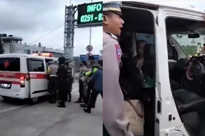 Ambulans yang dicegat Polisi di exit tol Parungkuda, Sukabumi, Jawa Barat karena terobos one way, setelah diperiksa isinya ART mudik