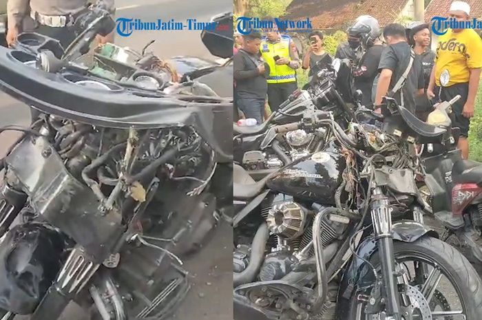 Moge Harley-Davidson ringsek akibat kecelakaan di Probolinggo, Jawa Timur, Minggu (28/4/2024).