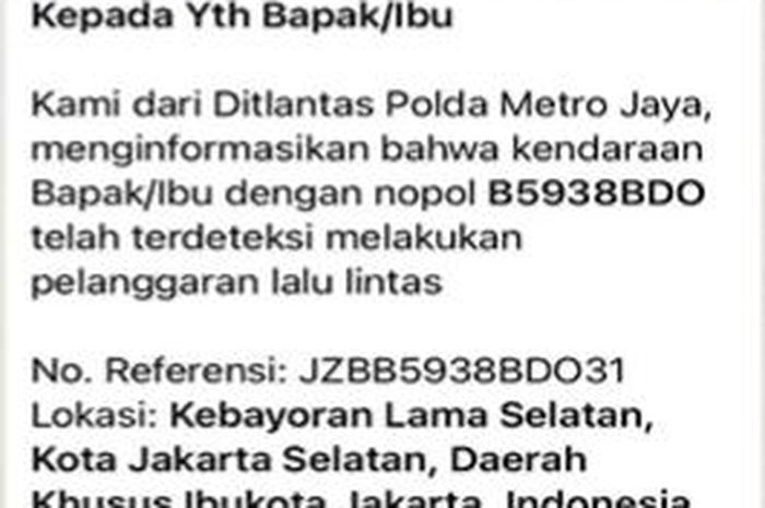 Contoh surat konfirmasi tilang elektronik yang kini lewat WhatsApp