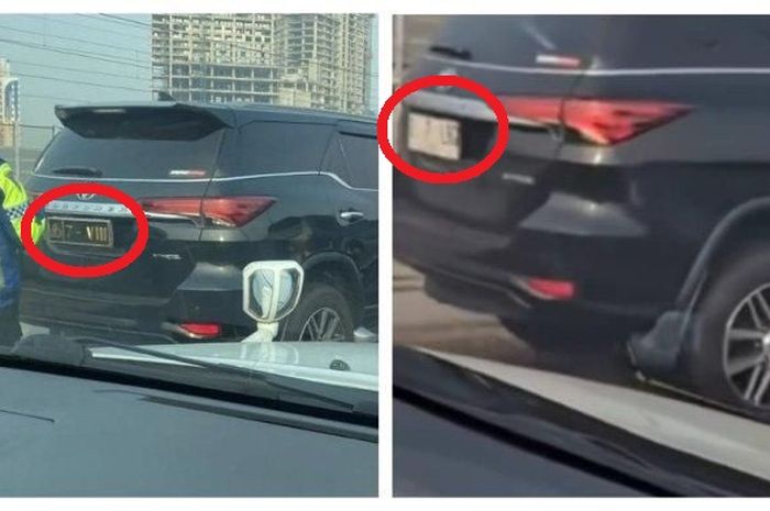 Dalam lingkaran merah (kiri) Toyota Fortuner masih memakai pelat dinas Polri 7-VIII dan foto kanan sudah berganti jadi pelat nomor sipil saat tabrak Isuzu Elf di tol MBZ