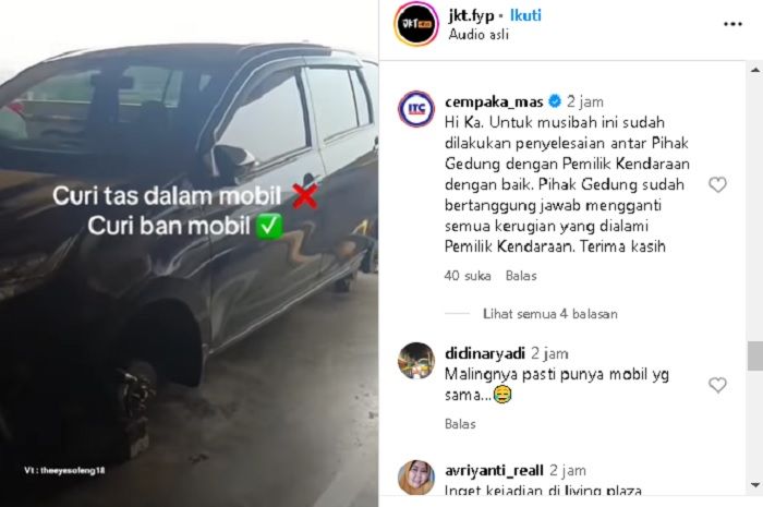 Tiga ban Daihatsu Sigra lenyap di parkiran pusat perbelanjaan. 