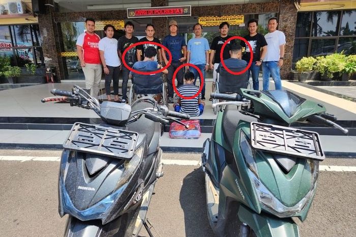 Dalam lingkaran merah, ketiga anggota Geng Koboi Lampung yang hobi eksekusi motor sambil letuskan senpi revolver dibekuk Satreskrim Polresta Bandar Lampung