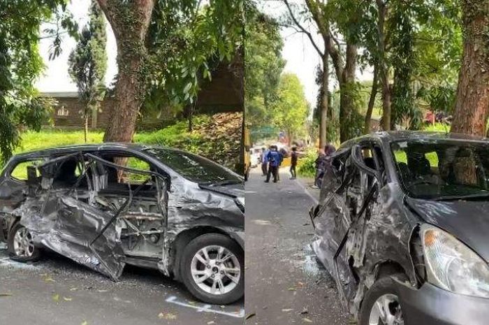 Kondisi Nissan Grand Livina yang diparut truk muatan paving hingga bodi kanan terkelupas di Jl Kolonel Masturi, Kampung Warung Muncang, Cipageran, Cimahi Utara, kota Cimahi, Jawa Barat