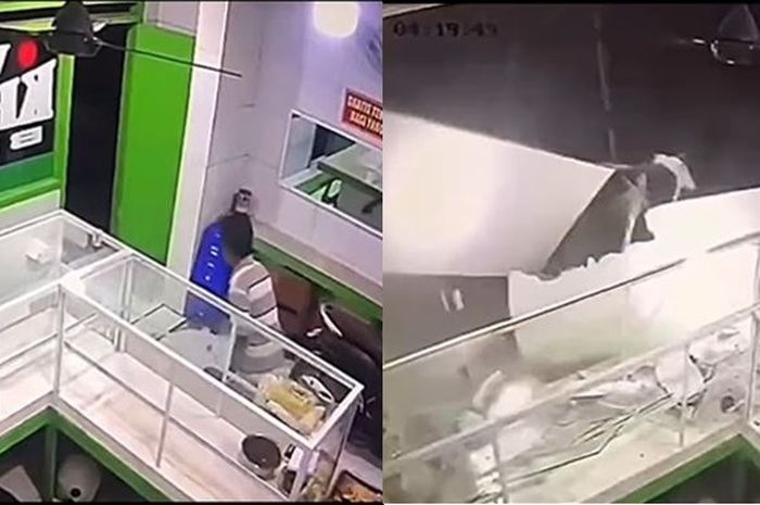 Foto kiri kondisi warteg sebelum ditabrak Mitsubishi Pajero Sport dan foto kanan sesudah diterjang