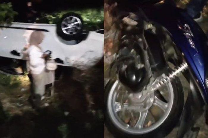 Toyota Calya terjang Yamaha Fino hingga berakhir jumpalitan di sawah