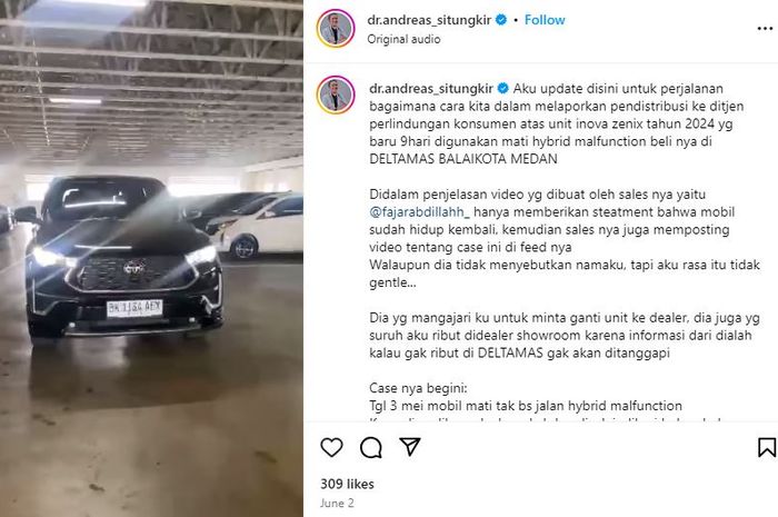tangkap layar unggahan seorang dokter di Medan yang mengelukan Toyota Kijang Innova Zenix Hybrid miliknya alami malfungsi setelah baru 9 hari dipakai