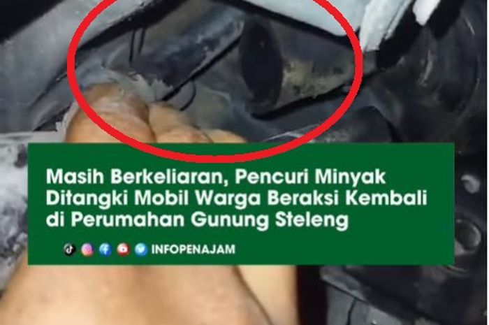 Dalam lingkaran merah, slang bensin karet di mulut tangki mobil dipotong untuk dicuri bensinnya di Gunung Seteleng, Penajam, Penajam Paser Utara, Kalimantan Timur