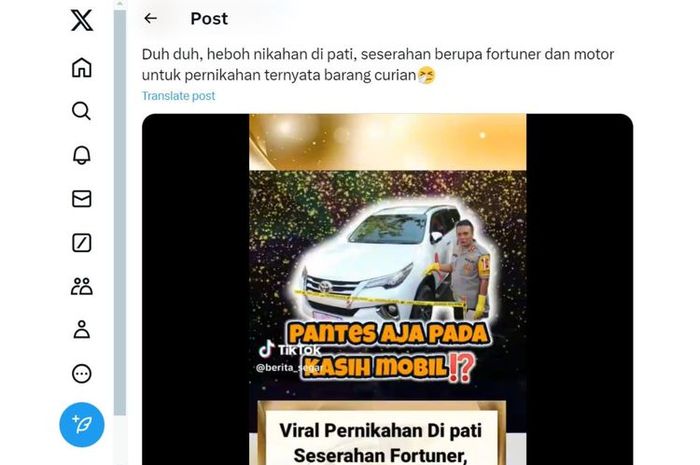 Unggahan fitnah yang menyebut Toyota Fortuner seserahan nikah warga Pati dari hasil maling