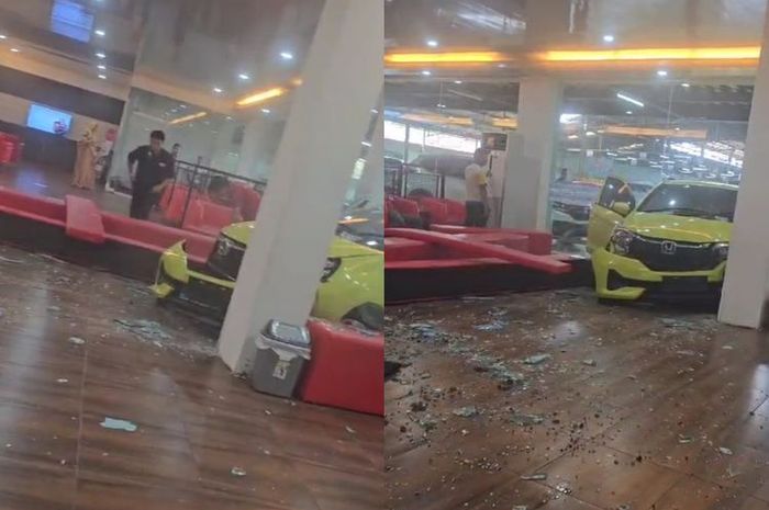 Honda Brio tabrak pintu kaca dan pilar di dalam dealer mobil Honda Union, Jalan A Yani, Seberang Ulu I Palembang, Sumatera Selatan