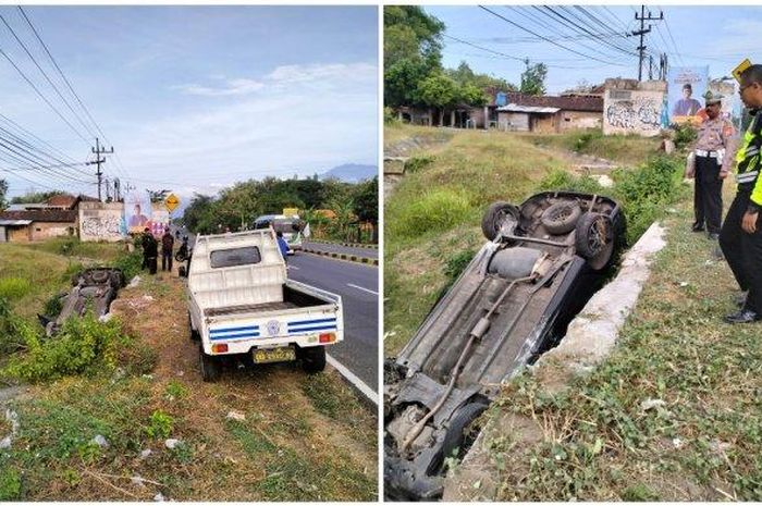 Daihatsu Sigra rebahan di parit saat sedang melaju. Sopir; Tiba-tiba gelap, sadar saat ditolong warga