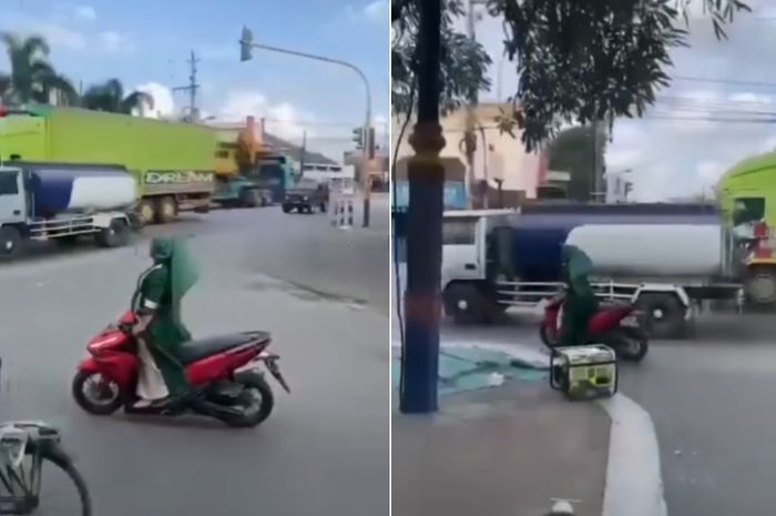 Emak-emak di Pati naik motor berdiri, hampir disikat truk