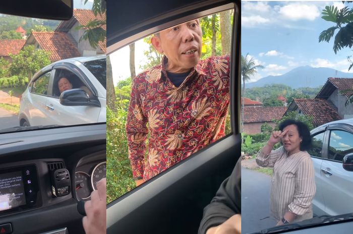 Oknum anggota Pemuda Pancasila melakukan tendangan kungfu ke mobil saat papasan di jalan sempit