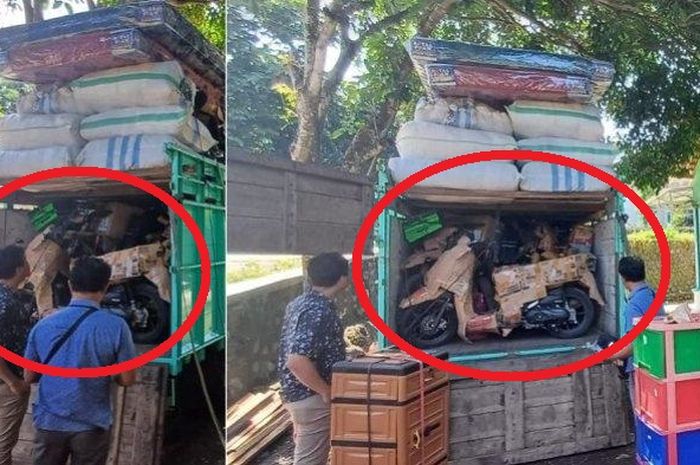 Dalam lingkaran merah, belasan motor bodong diangkut truk dengan posisi disembunyikan di balik kasur dan lemari di Tlogowungu Pati Jawa Tengah