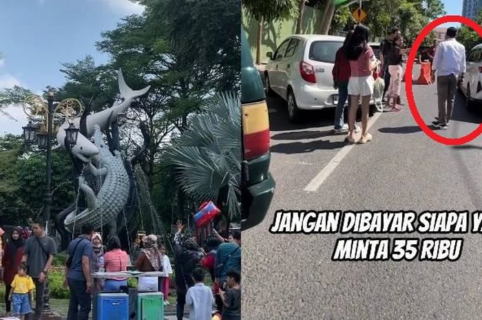 Dalam lingkaran merah, Wali Kota Surabaya, Eri Cahyadi yang memergoki juru parkir liar getok tarif Rp 35 ribu di kawasan kebun binatang Surabaya
