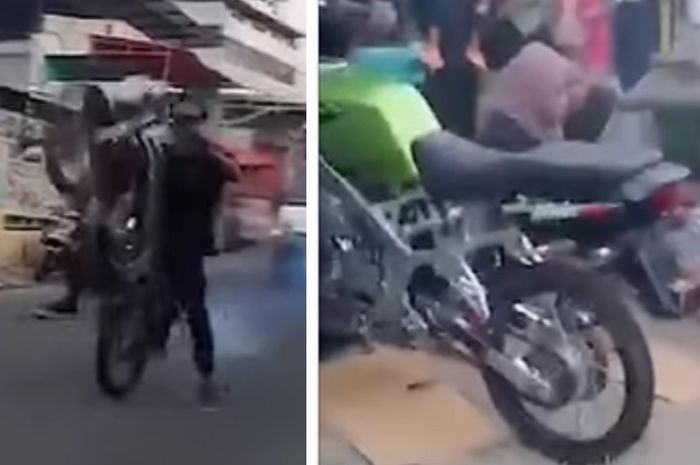 Aksi pria bawa Ninja SS wheelie tapi gagal dan tabrak anak-anak
