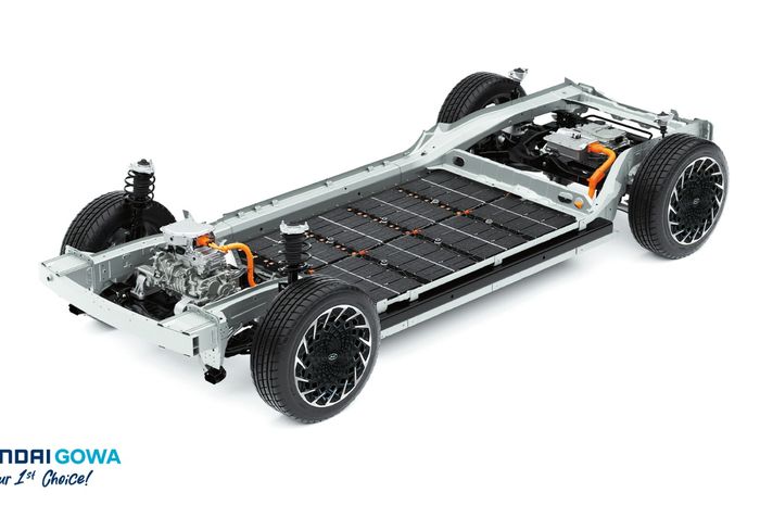 Deretan baterai mobil listrik yang tersusun di area lantai bawah