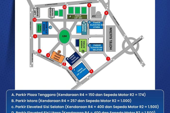 Sebaran lokasi motor di Kawasan GBK sebagai tempat Misa Agung Paus Fransiskus Kamis besok.