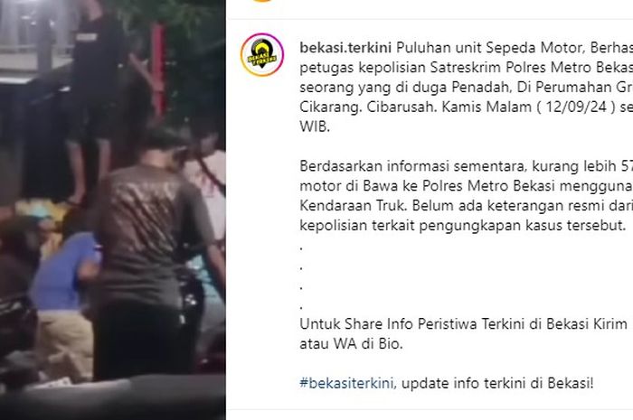 Rekaman pengangkutan 50 motor diduga hasil curian dari sebuah rumah di di Perumahan Girya Mutiara Cikarang, Kabupaten Bekasi.  