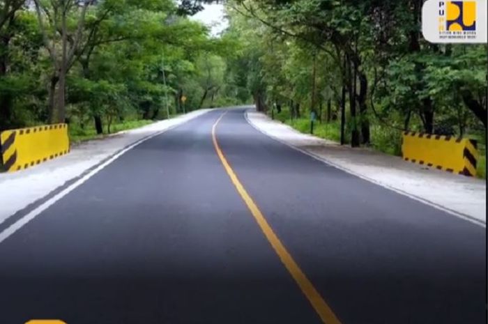 Ilustrasi marka kuning membujur atau horizontal di tengah jalan menandakan jalan nasional