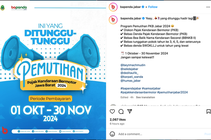 Informasi program pemutihan pajak dan free bea balik nama kedua di akun resmi Bapenda Jawa Barat di Instagram 