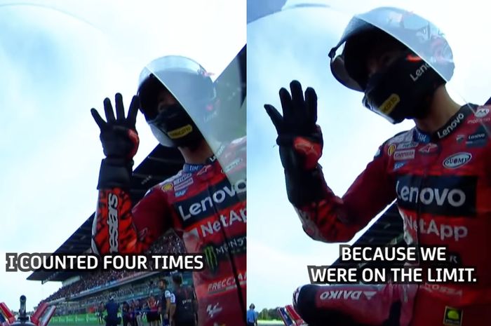 Pecco Bagnaia acungkat empat jari ke Jorge Martin usai balapana sprint MotoGP Thailand 2024