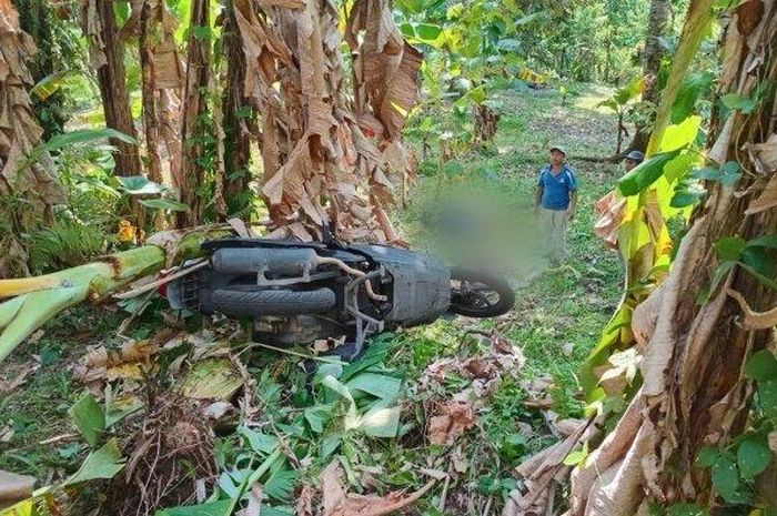 Honda Vario 125 terbang ke semak-semak kebun bersama dua pengendaranya di desa Selisihan, Klungkung, Bali akibat rem blong