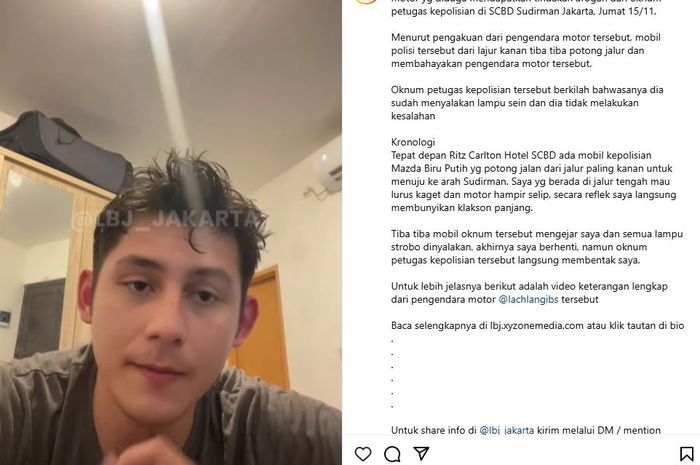 tangkap layar unggahan instagram @lbj_jakarta saar artis Lachlan Gibson menceritakan laporan tabrak lari yang dialaminya ditolak polisi