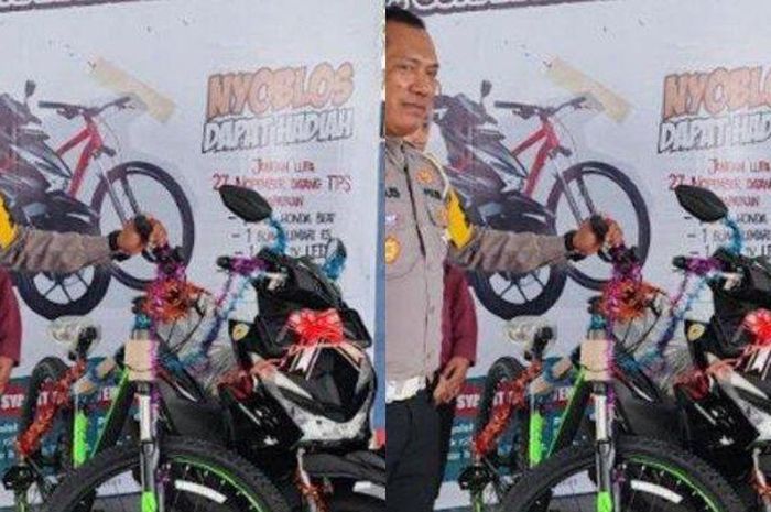 Wakapolres Trenggalek, Kompol Herlinarto bersama deretan hadiah undian nyoblos bagi warga Trenggalek