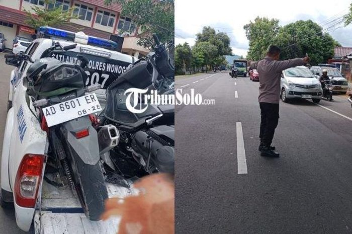 Yamaha NMAX dan Honda CB150R diangkut Polisi usai terlibat adu banteng di jalan raya Selogiri-Wonogiri, tepatnya depan jembatan timbang dusun/desa Nambangan, Selogiri, Wonogiri, (2/12/24)