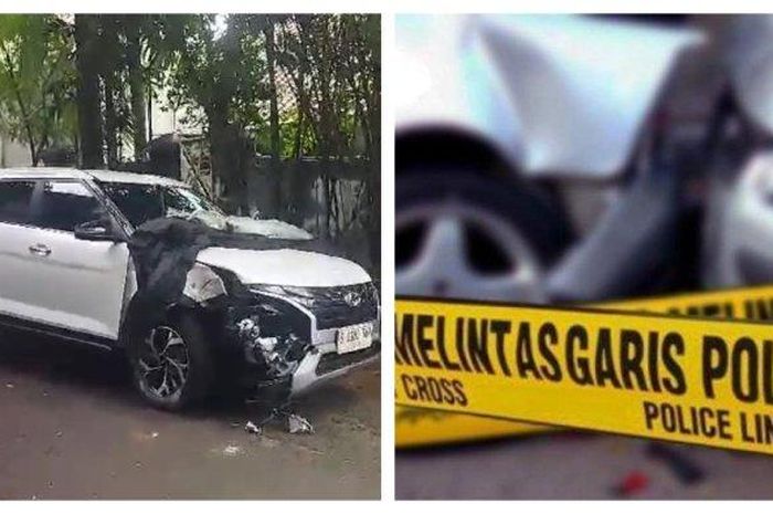 Hyundai Creta tabrak pohon dan ojek online di Cepete Selatan, Cilandak, Jakarta Selatan akibat serangan jantung pengemudi kambuh