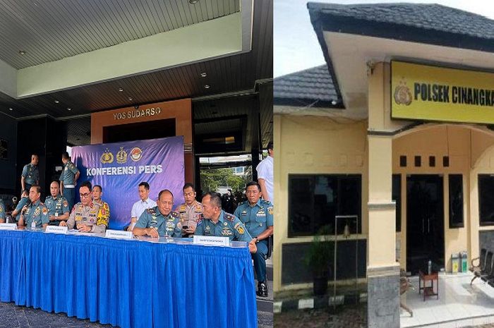(Foto kiri) Konferensi pers TNI Angkatan Laut dan Polda Banten mengenai penembakan di rest area Tol Tangerang-Merak, (6/1/25) di Markas Koarmada RI, Jakarta Pusat. (foto kanan) kantor Polsek Cinangka