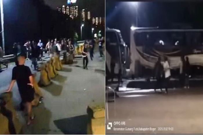 Tangkapan layar bentrokan suporter PSIS Semarang dan Persita Tangerang di rest area KM 21 tol Jagorawi, Jawa Barat