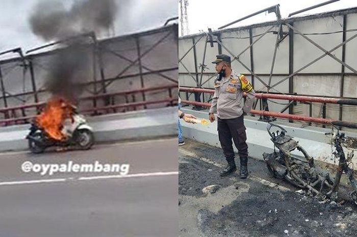 Yamaha Mio Soul milik seorang guru terbakar habis di flyover Simpang Polda, Palembang, Sumatera Selatan, (13/1/25)