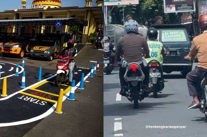 Foto ilustrasi ujian praktik SIM C di Satpas (kiri) dan jalan raya (kanan).