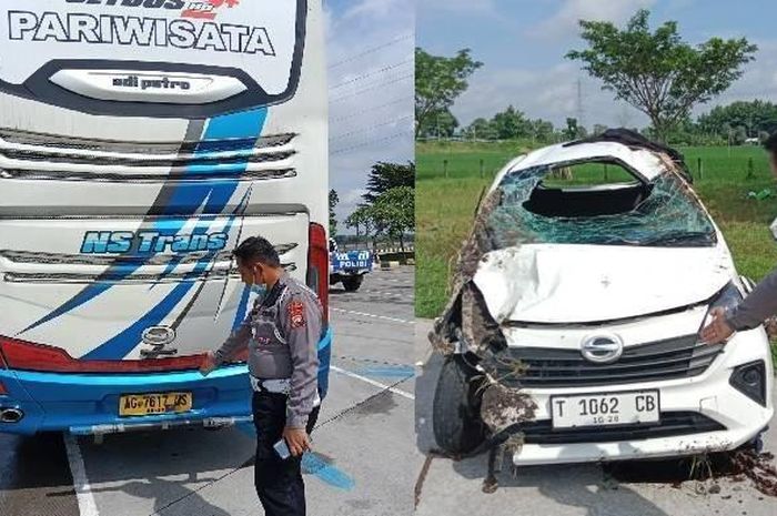 Daihatsu Sigra tergulibng dan dihempas bus di Tol Solo-Ngawi. Dua orang dinyatakan tewas