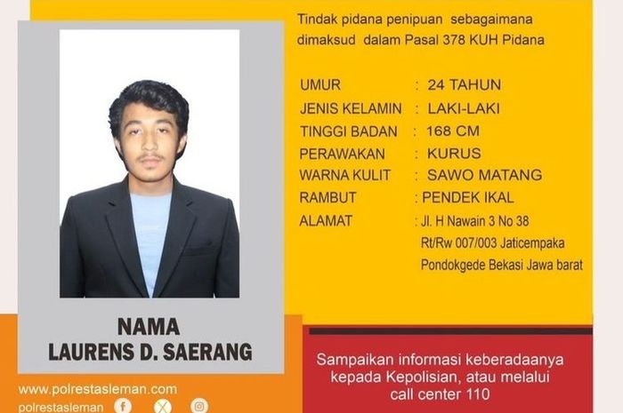 Identitas Laurens D. Saerang, pelaku penipuan jual beli mobil antik yang memiliki banyak korban telah berhasil diringkus Satreskrim Polresta Sleman