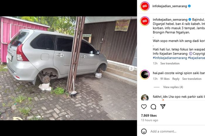 Ilustrasi ban mobil ompong usai dimaling dengan modus diganjal batako
