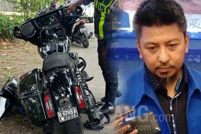 Harley-Davidson Street Glide Bendahara Umum DPP Partai Demokrat, Renville Antonio yang alami kecelakaan di jalan raya Asembagus, desa Mojosari, Asembagus, Kabupaten Situbondo, Jawa Timur