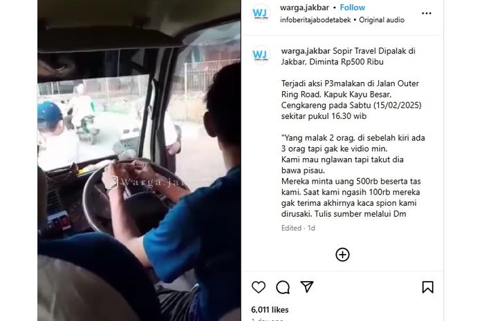 Sopir Isuzu Elf kena palak 6 orang di Jakbar sebanyak Rp 500 ribu. 