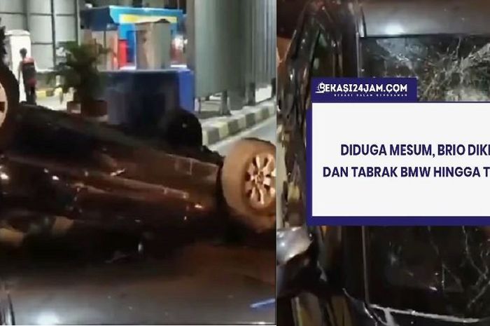 Honda Brio tabrak dan bikin terbalik sedan BMW di depan gerbang tol Jakasampurna, kota Bekasi