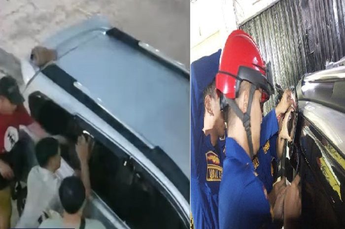 Warga dan Anggota Rescue Damkarmat Kota Bekasi berusaha mengevakuasi balita yang terjebak di dalam kabin Datsuun GO di kawasan Ruko Golden, Jalan Perjuangan Baru, Margamulya, Bekasi Utara, Kota Bekasi