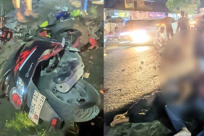 Honda Scoopy terkapar di jalan beserta pengendaranya usai saling terkam kepala dengan Yamaha Jupiter Z di depan pasar Ngepos, Gayamdompo, Karanganyar, Jawa Tengah