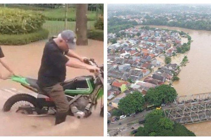 Eks Menteri PUPR terekam kamera mendorong motor trailnya usai terdampak banjir di Bekasi