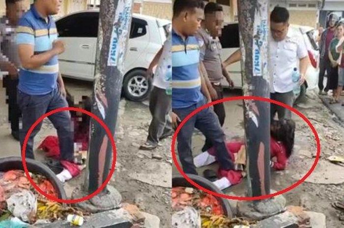 Anggota Polres Labuhanbatu, Bripja Janu saat menendang kepala wanita ODGJ di Kecamatan Rantau Prapat, Kabupaten Labuhanbatu, Sumatera Utara. 