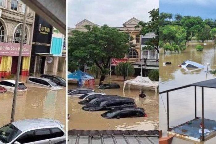 Puluhan mobil terendam banjir di parkiran Ruko Grand Galaxy City dan Mal Mega Bekasi Hypermall